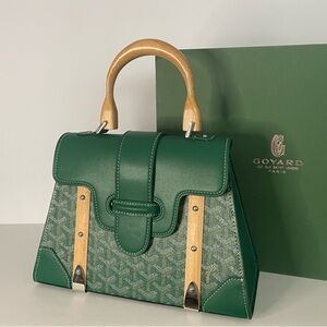 Green Leather & Signature Canvas Satchel with Wooden Handle - 2 Day Sale!